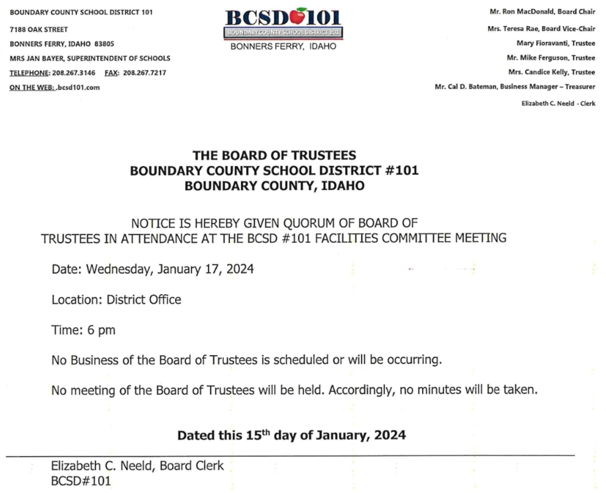 !! CANCELLED — BCSD #101: Quorum notice, January 17 facilities committee meeting — WILL BE RESCHEDULED !!