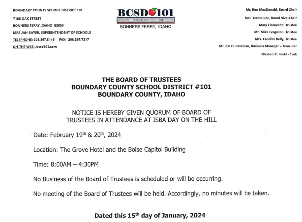 BCSD #101: Quorum notice, February 19-20 ISBA Day on the Hill