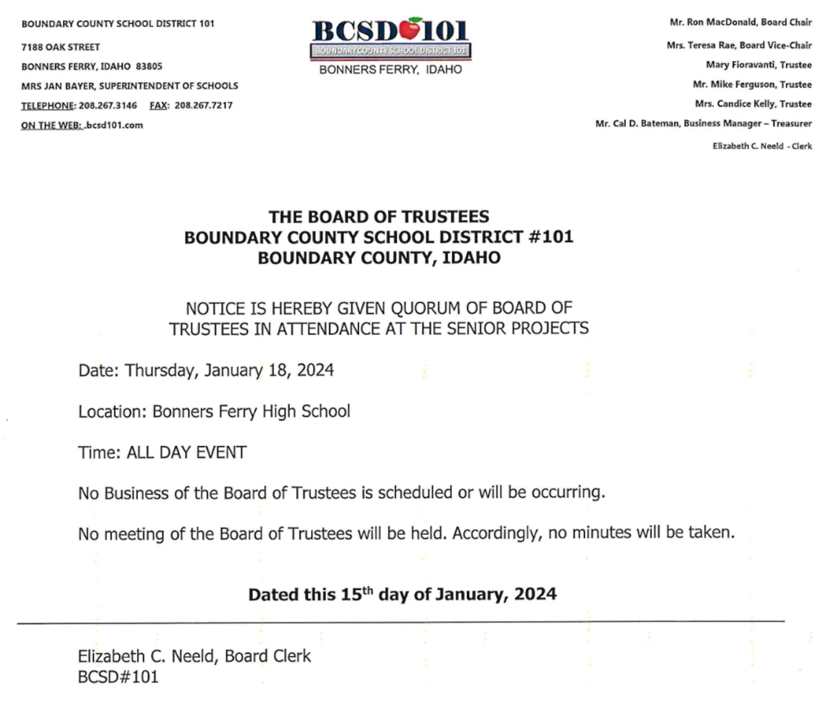 BCSD #101: Quorum notice, January 18 senior projects
