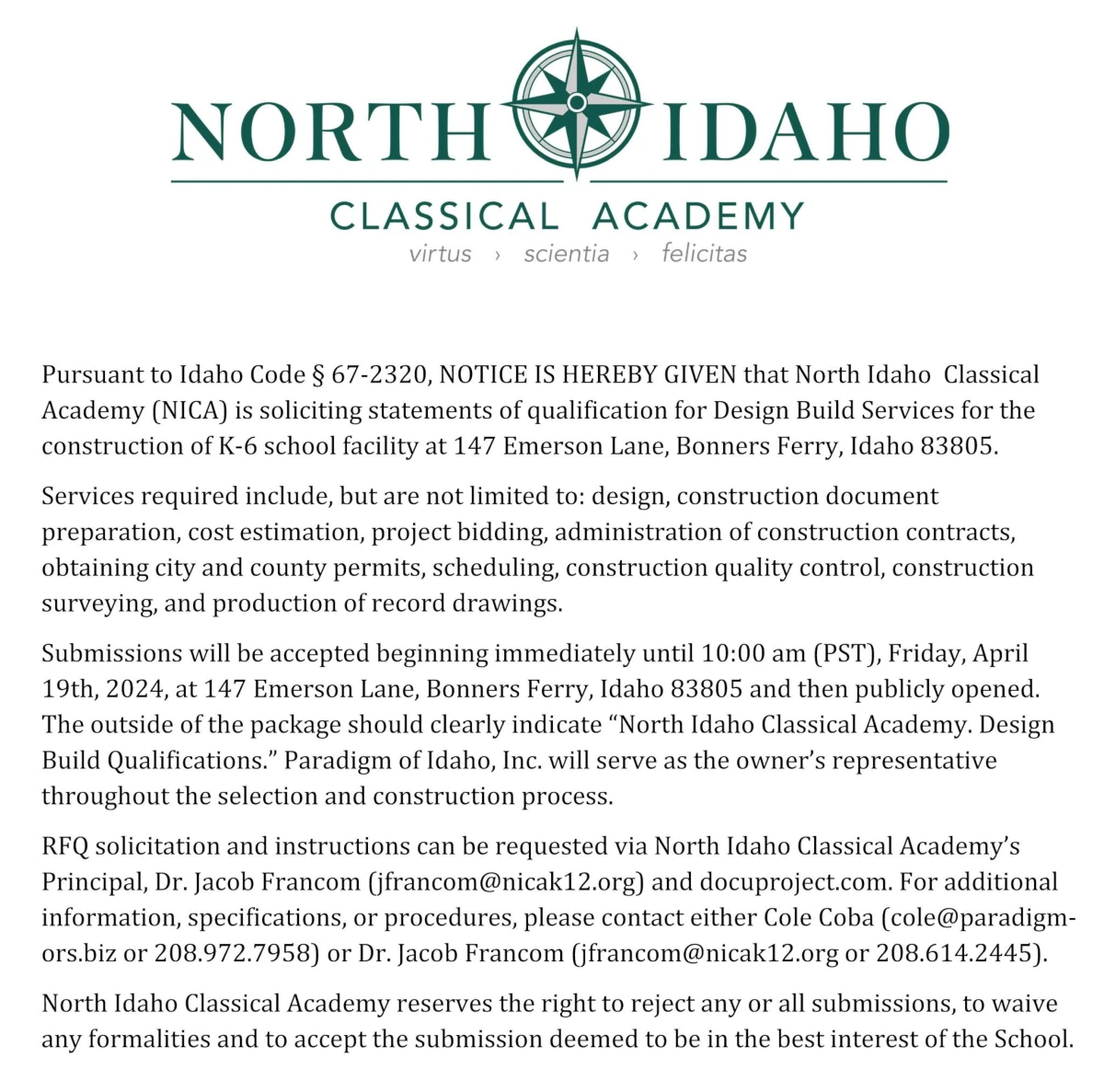 North Idaho Classical Academy seeking construction services